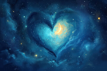 Starry Night Love, Moonlit Heart in the Sky - obrazy, fototapety, plakaty