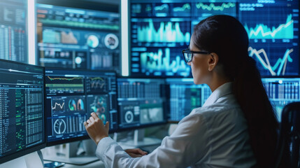Data Analyst, A data analyst deeply focused on interpreting complex data on multiple computer screens in a tech-driven office space.