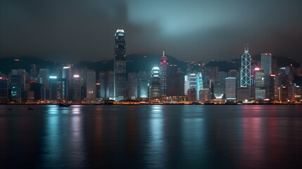 Fototapeta premium Neon Glow of a Metropolis Waterfront at Night