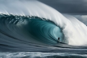 Skilled surfer conquers massive wave with a big board. Generative AI