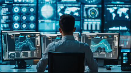 Data Analyst, A data analyst deeply focused on interpreting complex data on multiple computer screens in a tech-driven office space.