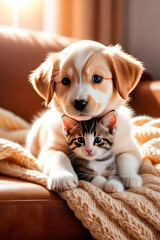 Cute kitten and a cute puppy other on the sofa, covered with a knitted blanket.