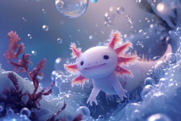 Charming Axolotl Gracefully Glides Through Bubbly Aquatic Wonderland. Сoncept Marine Life Photography, Underwater Adventures, Captivating Aquatic Creatures, Ethereal Undersea Beauty