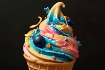 Cosmicthemed Cone Featuring Musical Notes, Stars, And Planets, Creating Celestial Symphony Within The Ice Cream Cone, Capturing The Harmony Of The Cosmos