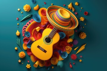 Fototapeta premium Cinco de mayo. composition of sombreros, guitar and flowers.