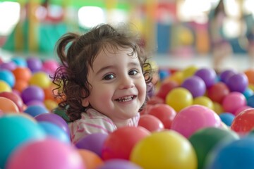 Fototapeta na wymiar Joyful Child Enjoys Playing In Colorful Ball Pit At An Indoor Playground. Сoncept Energetic Kids, Indoor Playgrounds, Ball Pit Fun, Colorful Playtime, Childhood Joy