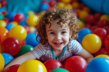 Fototapeta na wymiar Joyful Child Enjoys Playing In Colorful Ball Pit At An Indoor Playground. Сoncept Indoor Playgrounds, Ball Pits, Child's Play, Fun Activities, Colorful Playtime