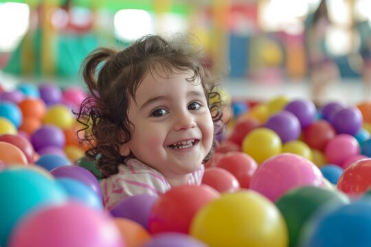 Joyful Child Enjoys Playing In Colorful Ball Pit At An Indoor Playground. Сoncept Energetic Kids, Indoor Playgrounds, Ball Pit Fun, Colorful Playtime, Childhood Joy