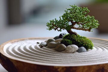 Serene Cone With Miniature Zen Garden, Complete With Tiny Raked Sand, Bonsai Trees, And Peaceful Pebbles, Symbolizing Tranquility In Dessert