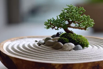 Keuken spatwand met foto Serene Cone With Miniature Zen Garden, Complete With Tiny Raked Sand, Bonsai Trees, And Peaceful Pebbles, Symbolizing Tranquility In Dessert © Anastasiia