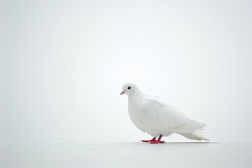 Solitary White Dove On Pristine White Canvas, Standing Out Gracefully. Сoncept Minimalist White Studio Set, Serene Bird Photography, Elegance In Simplicity