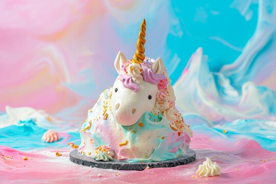 Striking Image Of Lone Mountainshaped Unicorn Cake Against Colorful Backdrop. Сoncept Fairy Tale Inspired Photoshoot, Magical Unicorn Cake, Vibrant Backdrop, Whimsical Decor, Enchanting Portraits
