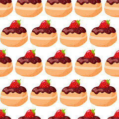 Seamless pattern with strawberry doughnut. Kitchen poster for bakery, shop, culinary class. Hand drawn vector illustration in flat style. Repeated background for wallpaper, textile, wrapping paper.