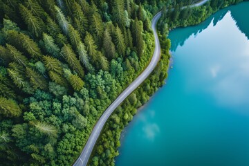 An Aerial View Of The Road With Green Forest By The Blue Lakes. Сoncept Travel Destinations, Road Trips, Scenic Landscapes, Nature Photography, Aerial Photography