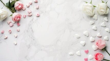 Valentine's Day decorated flatlay background for text with rose flowers, cookies, and candy - obrazy, fototapety, plakaty