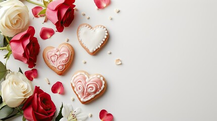 Obraz na płótnie Canvas Valentine's Day decorated flatlay background for text with rose flowers, cookies, and candy