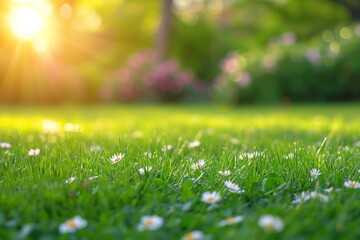 Beautiful Blurred Background Image Of Spring Nature With Mowed Lawn. Сoncept Spring Flowers, Lush Greenery, Vibrant Colors, Serene Nature, Blurred Background