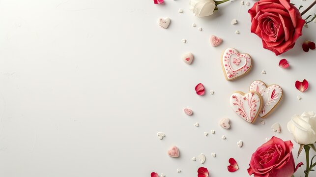 Valentine's Day decorated flatlay background for text with rose flowers, cookies, and candy
