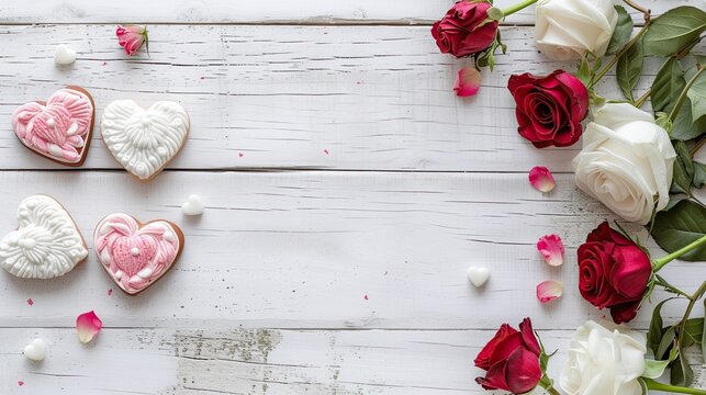 Valentine's Day decorated flatlay white wood background for text