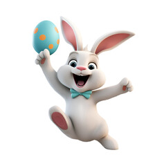 Happy Easter: Cute Bunny with Easter Egg, Celebrating by Jumping, Isolated on Transparent Background, PNG