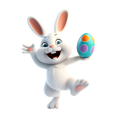 Jumping Rabbit with Easter Egg, Cute and Happy Bunny Celebrating Easter, Isolated on Transparent Background, PNG