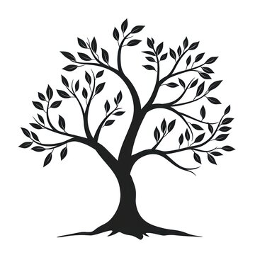 Minimalist tree silhouette graphic, depicted in a stylized flat black color, isolated on a white background