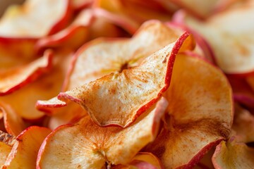 Closeup Of Deliciously Crisp Apple Chips, Healthy And Satisfying Snack. Сoncept Freshly Brewed Coffee, Relaxing Morning Routine, Sunrise Meditation, Healthy Breakfast Ideas