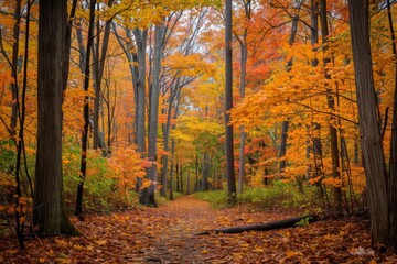 Obraz premium Colorful Autumn Foliage In Serene Forest Setting, Capturing The Beauty Of Nature. Сoncept Winter Wonderland, Cozy Indoor Photoshoot, Magical Holiday Portraits, Festive Props, Snowy Outdoor Adventu