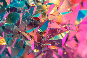 Colorful Holographic Background With Shattered Glass Fragments Abstract, Trendy Pattern With Magical Texture. Сoncept Dreamy Sunset Silhouettes, Urban Street Art Murals, Rustic Nature Landscapes