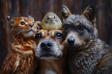 group of dogs, birds and cat