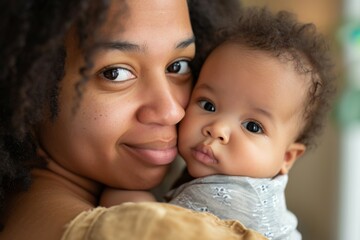 Contented African American Mother Affectionately Embraces Her Adorable Biracial Baby With Genuine Love And Care, Conveying The Essence Of Motherhood