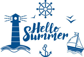 Hello summer lettering with sea symbols collage