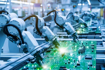 Fotobehang Bras robotisés travaillant en ligne sur une chaîne d'assemblage automatisée à l'intérieur d'une usine électronique moderne fabriquant des circuits imprimés © Thierry Lombry