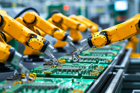Bras robotis&eacute;s travaillant en ligne sur une cha&icirc;ne d'assemblage automatis&eacute;e &agrave; l'int&eacute;rieur d'une usine d'&eacute;lectronique fabriquant des circuits imprim&eacute;s.