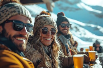 Group of three friends having a drink on an outdoor terrace in wintertime in the mountains
