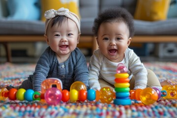 An Asian baby and a mulatto baby play smiling on the living room floor with colorful toys.