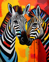 Fototapeta na wymiar Zebra striped animal oil painting artwork - hand painted zebra head colorful whimsical watercolor illustration canvas art portrait - zoo animal wildlife jungle mammal wallpaper background