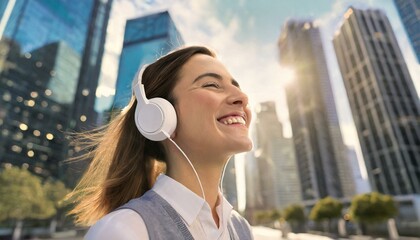Happy woman listening to white earphones while walking in the middle of the big city buildings having a great time and big smile