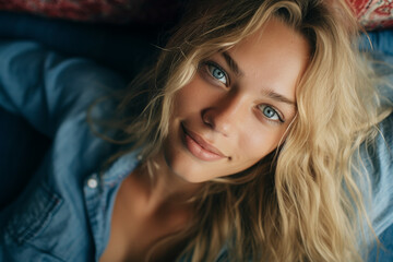 Blue Eyes, Blonde Hair. young women in repose, enveloped in the soft embrace of a denim jacket and the vibrant textures of a cozy setting