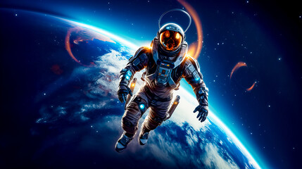 Man in space suit is floating in the air above the earth.