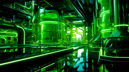 Large green machine room filled with lots of pipes and piping pipes. - Powered by Adobe