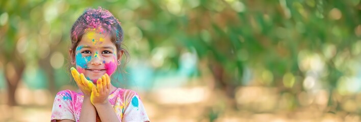 portrait happy smiling young girl celebrating holi festival, colorful face, vibrant powder paint explosion, joyous festival.