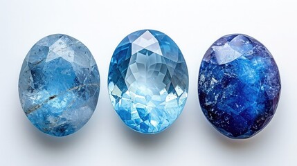 Three identical-sized gemstones, Aquamarine, Blue Topaz, and Lapis Lazuli, neatly placed next to each other, each radiating their serene blue colors, on a white background