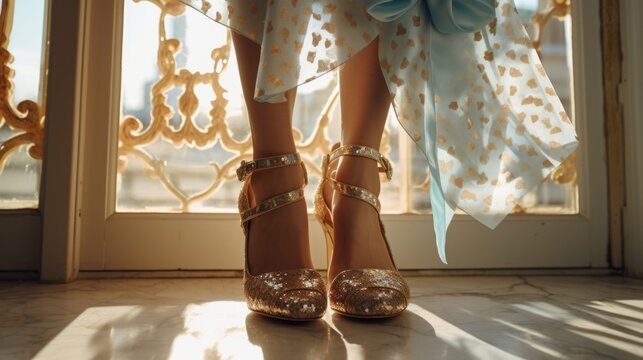 A view of women's legs in metallic boots and with a bow.