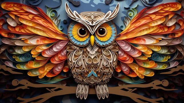 Owl in paper cut and quilling art technique