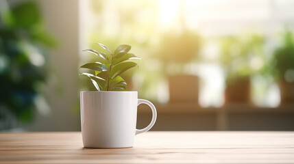 Mug, tasse en premier plan sur une table en bois, avec une petite plante. Arrière-plan de nature, plante. Flou, bokeh. Pour conception et création graphique. - obrazy, fototapety, plakaty