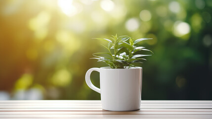 Mug, tasse en premier plan sur une table en bois, avec une petite plante. Arrière-plan de nature, plante. Flou, bokeh. Pour conception et création graphique. - obrazy, fototapety, plakaty