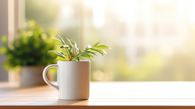 Mug, tasse en premier plan sur une table en bois, avec une petite plante. Arri&egrave;re-plan de nature, plante. Flou, bokeh. Pour conception et cr&eacute;ation graphique.