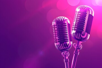 Fototapeta na wymiar Vintage Microphones in Neon Pink Glow on Purple Background
