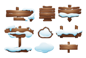 Cartoon set of blank wooden signs covered with snow and ice isolated on transparent background
